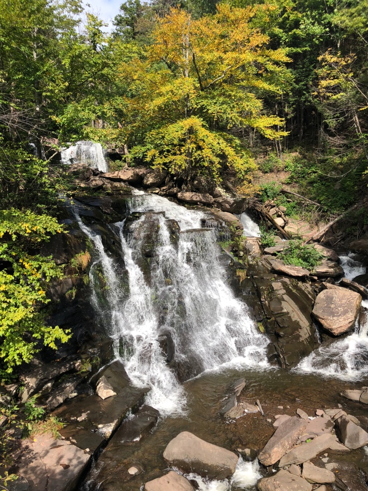 View of Bastion Falls in the forest from the upper roadway in Catskill Mountains, New York