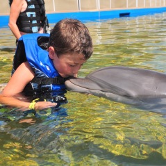 boy kissing bottlenose dolphin, Marineland, Florida
