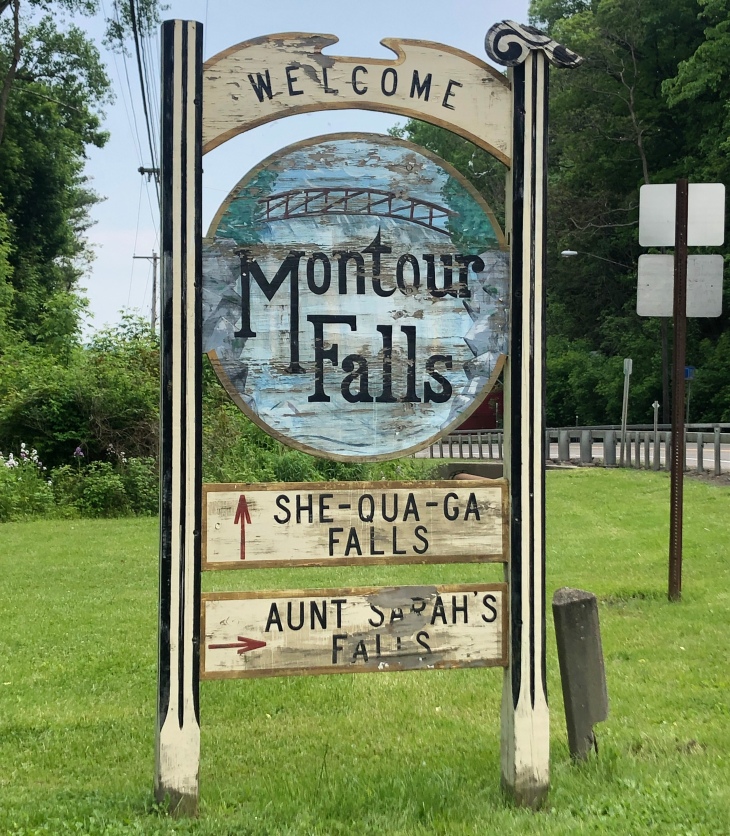 Montour Falls wooden road sign, New York
