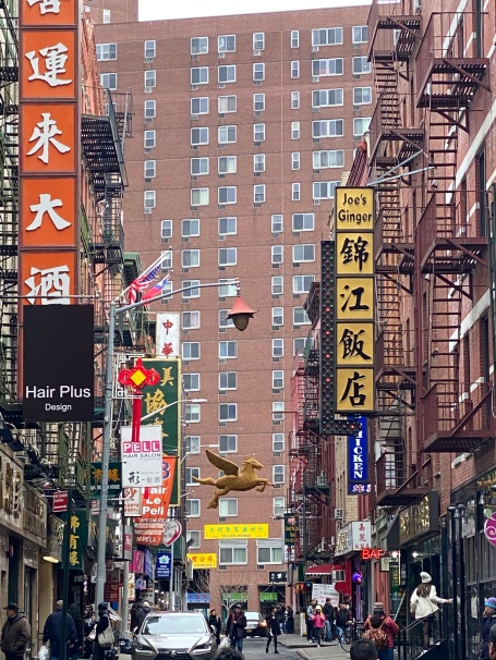 Side Street in NYC Chinatown, NY, storefronts and banners