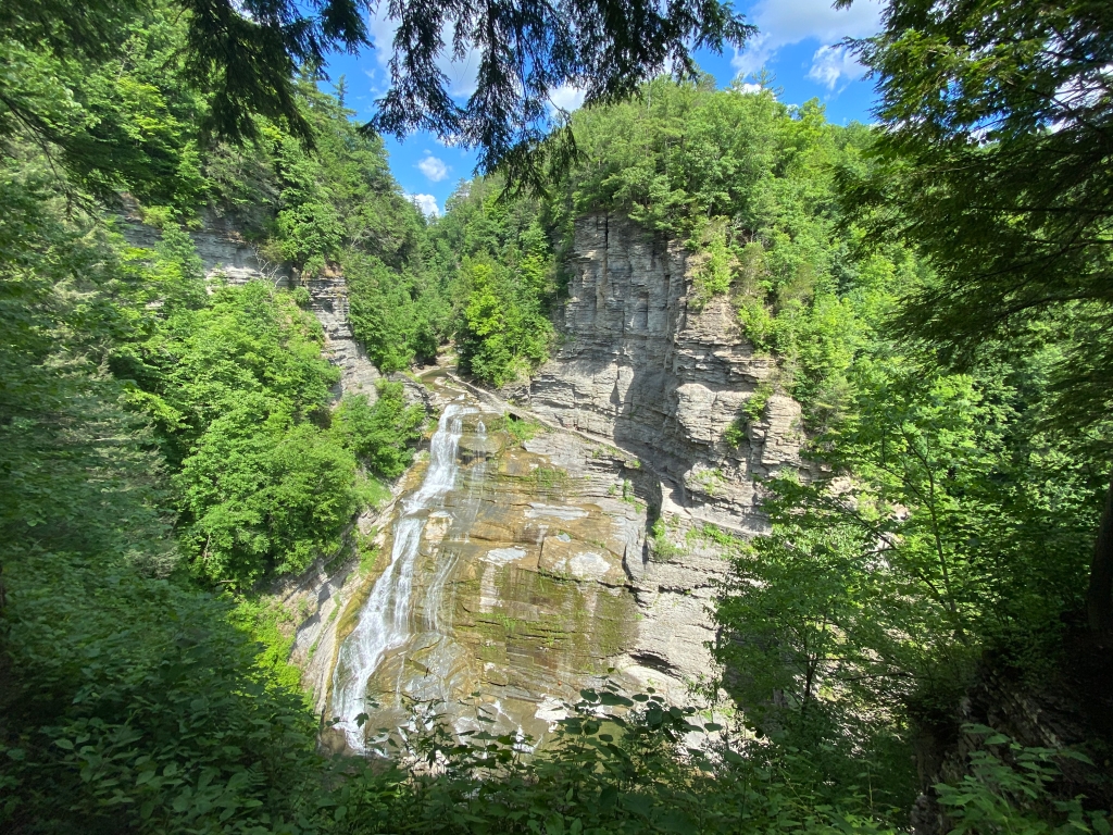 View of Lucifer Falls from scenic forest vista, Robert H Treman State Park, Ithaca, New York