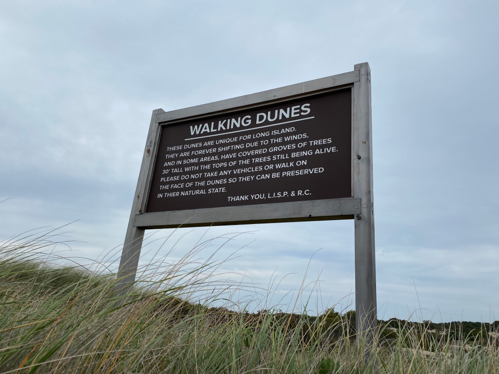 Sign at the trail end, Walking Dunes, Montauk, Long Island, New York